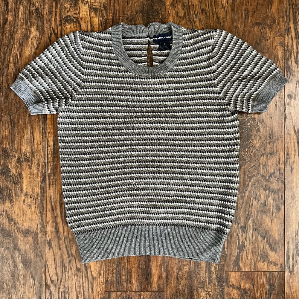 French Connection Sweater Back Bow Striped Metallic Wool Gray Size S